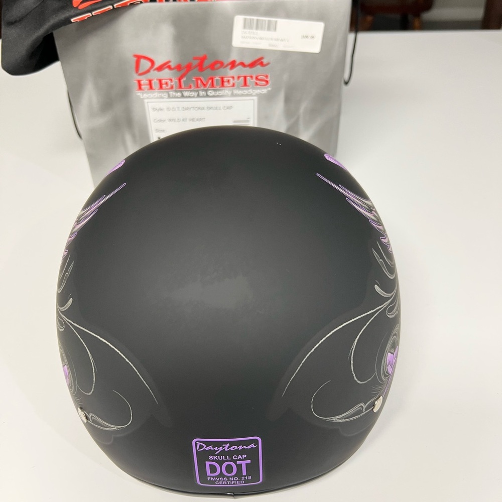 Matte Black Helmet with Purple 'Wild at Heart' Heart & Wings Graphic - Picture 3 of 5